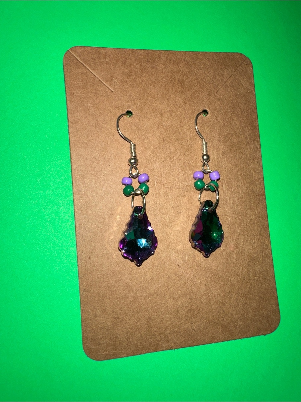 Handmade Iridescent Green-Purple Drop Earrings with Purple and Green Beads